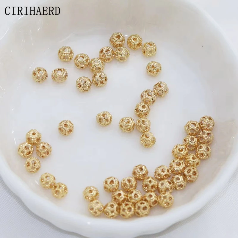 4mm 14K Gold/Silver Plated Brass Round Hollowed-Out Small Beads Supplies For Jewelry Making DIY Accessories Spacer Bead Findings