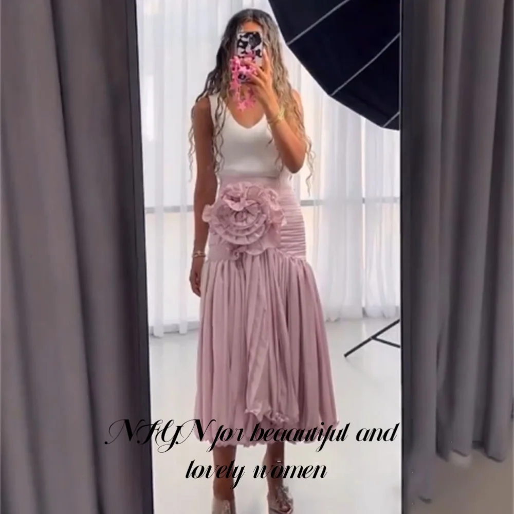 

NFYN Pink Elegant Formal Gowns Sleeveless Evening Dresses Pleats Spaghetti Strap Flowers Celebrity Dress for Woman Customized