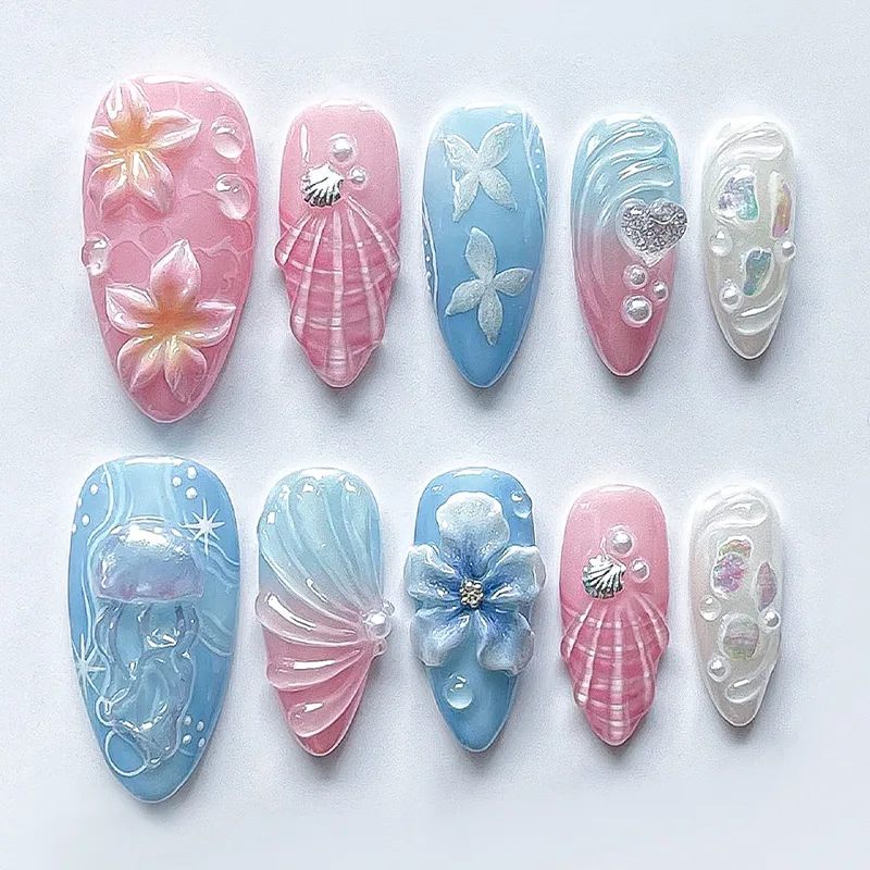 

24pcs Ocean Almond False Nails Tips Flower Design Dopamine Fake Nail Fashion Jellyfish Pearl Pattern Press on Nails Art Manicure