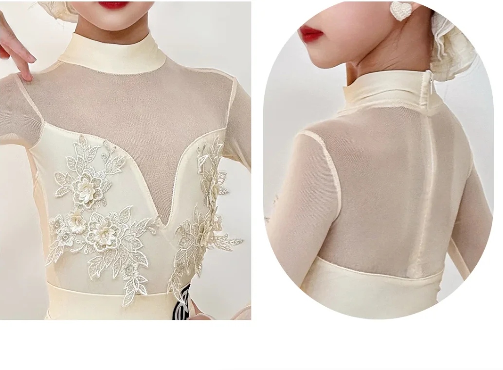 Schwarzes Latein-Tanzkleid für Mädchen, hochgeschlossener Kragen, lange Ärmel, Tanzbekleidung für Kinder, Cha-Cha, Standardtanz, Swing-Tanz, Trainingskostüm. – Detail 11
