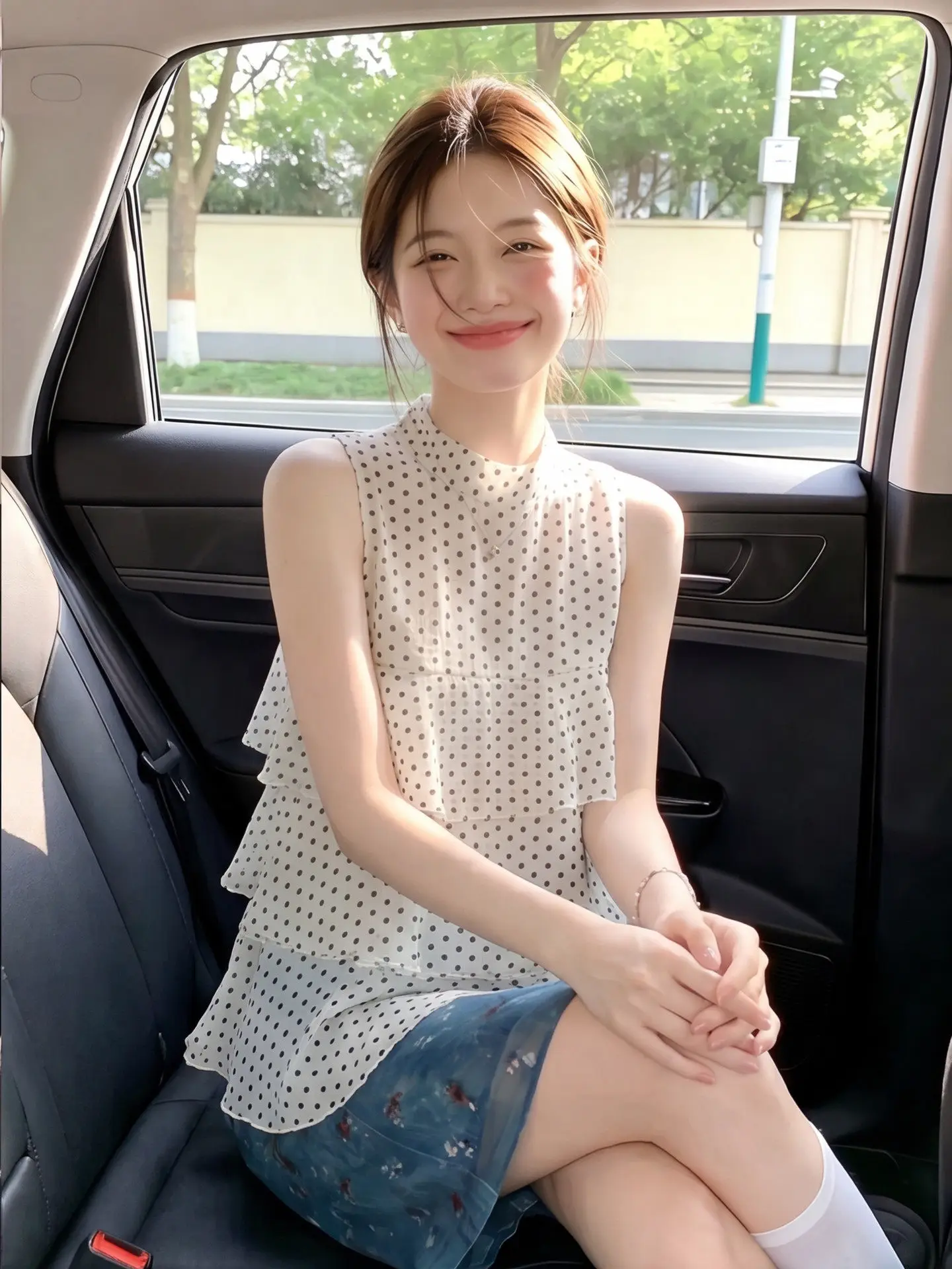

Korean Style Half High Collar Polka Dot White Blouse Summer Sleeveless Vest with Flounce Hem Skirt Commute Style Cotton Blend