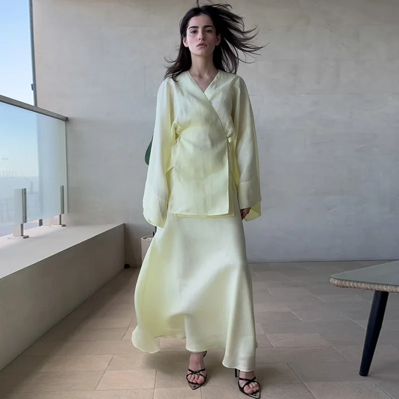 قطعتين مجموعات فساتين النساء الصلبة مطابقة مجموعات الدانتيل يصل الخامس الرقبة طويلة الأكمام أعلى الإمبراطورية تنورة وسط فضفاضة تناسب عادية 2025 الصيف #4