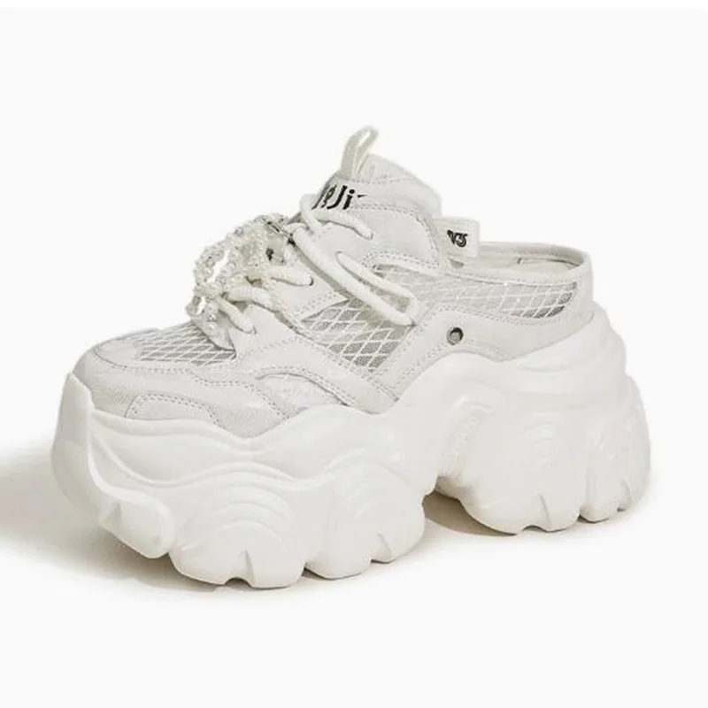 

Женские летние дышащие сетчатые сандалии на платформе 9 см с блестками, повседневные вулканизированные туфли с вырезами, массивные кроссовки на танкетке