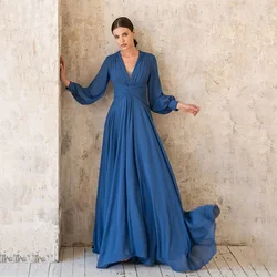 Customized Ball Fashion V-eck Long Sleeves Mother Of Bride Dresses A-line Blue Chiffon Evening Plus Size Wedding Guest Gowns