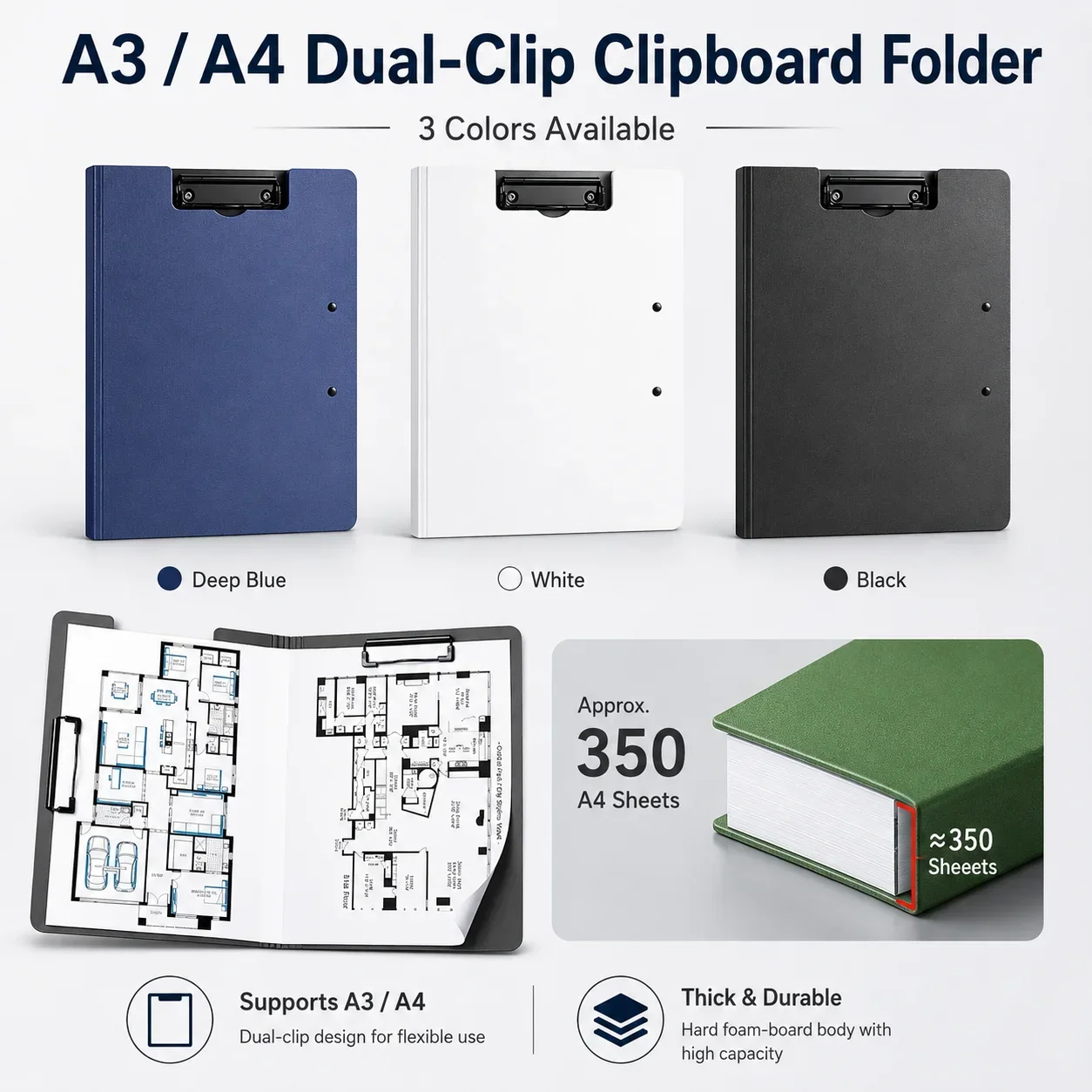 A4 Double Clip Secretary File Clip, Student Writing Clipboard, Foam Clamp Board for A3 Business Document