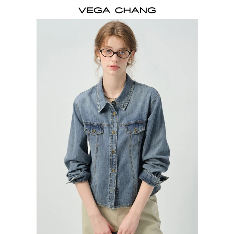 

Vega Chang Denim Shirt for Women, New Autumn Vintage Distressed Lapel Double Pocket Loose Casual Top