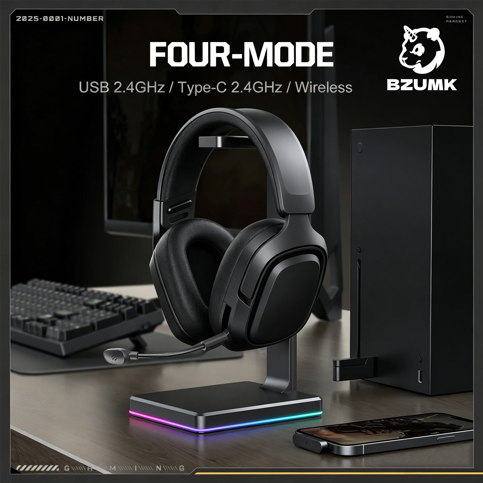 BZUMK Four‑Mode Wireless Gaming Headset USB 2.4GHz Type‑C 2.4G Over‑Ear Gaming Headphones with Mic for PC PS4 PS5 Switch Laptop