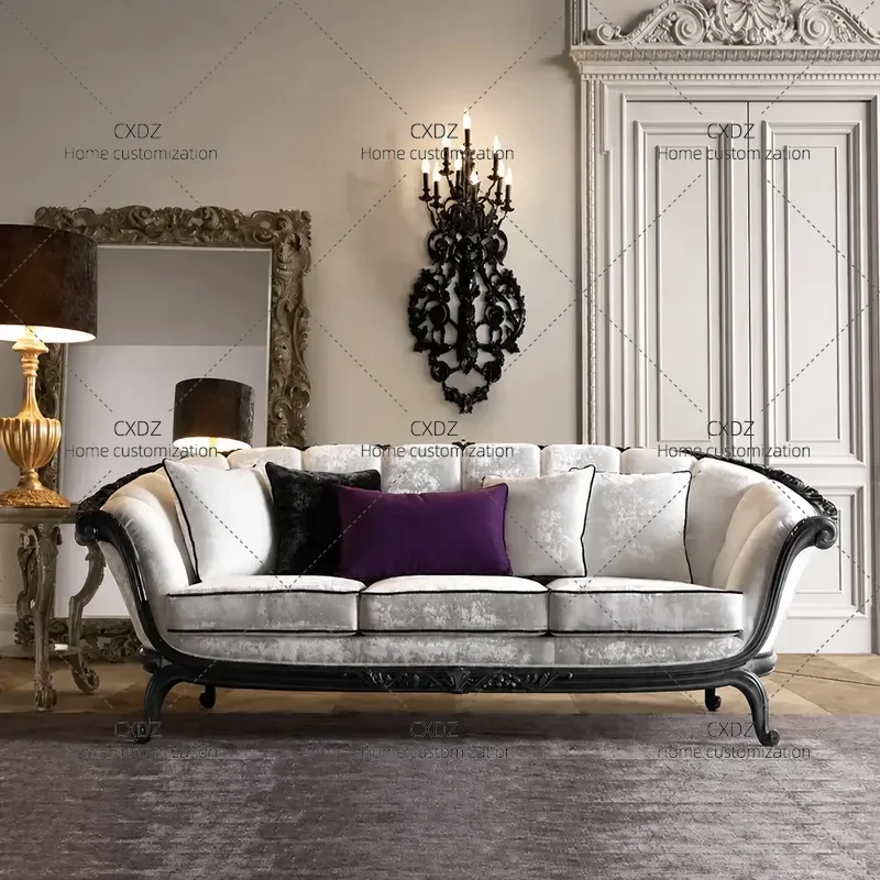 Solid Wood Carved Floral Fabric Sofa Set with Coffee Table Neoclassical Living Room Furniture for Villa Double Triple Seater