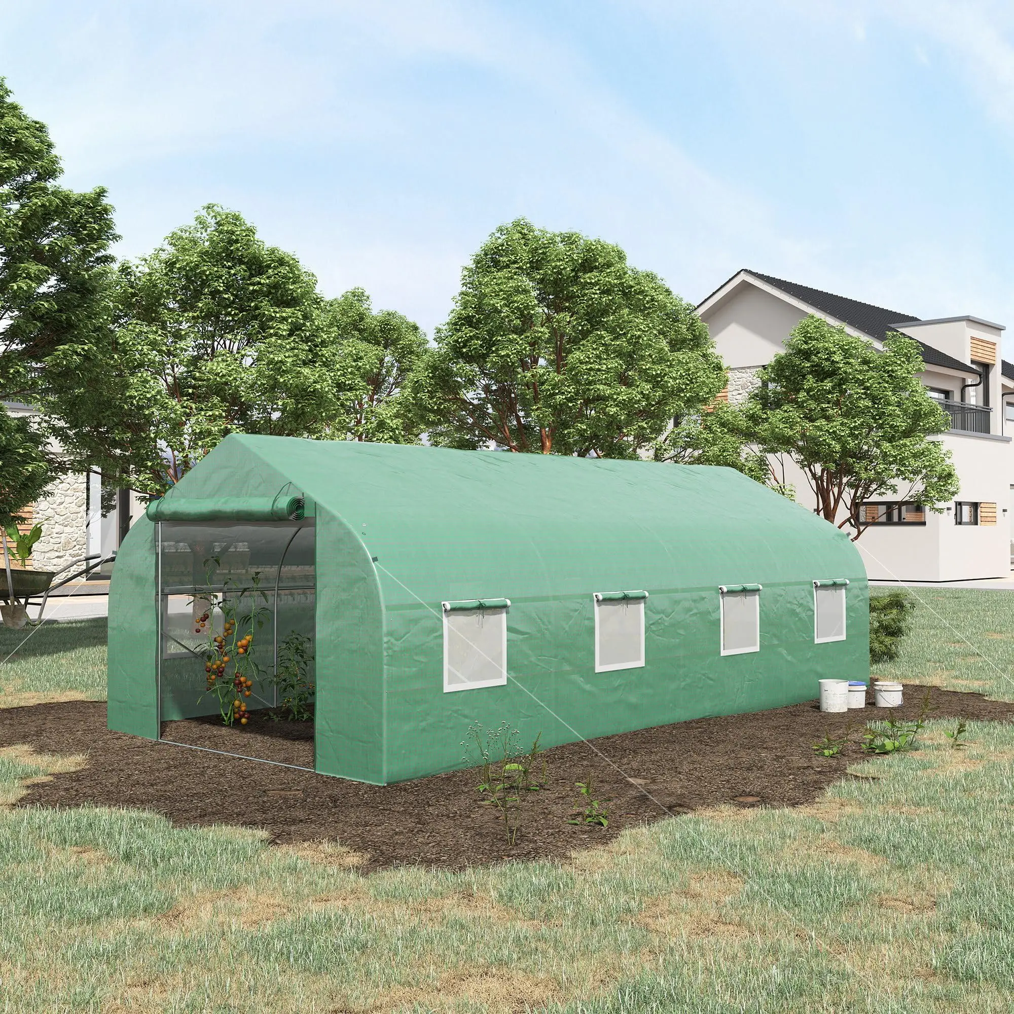 20 x 10 x 7 ft Walk-in Greenhouse with Roll-up Zipper Door Green