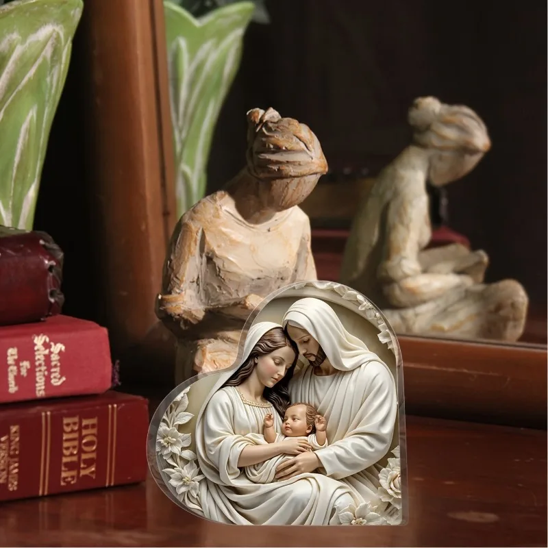 قطعة واحدة من الأكريليك على شكل قلب (4 بوصة × 4 بوصة)، زينة ميلاد يسوع لتزيين الطاولة، هدية عيد الميلاد، هدية وداع، هدية دينية #5