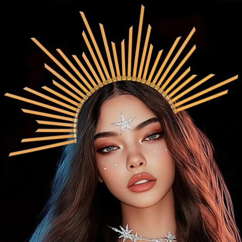 

1PCS/ Celestial Mary Crown Headband - Gold Sunburst Halo Tiara for Women Bridal Wedding, Halloween Costume & Goddess Cosplay