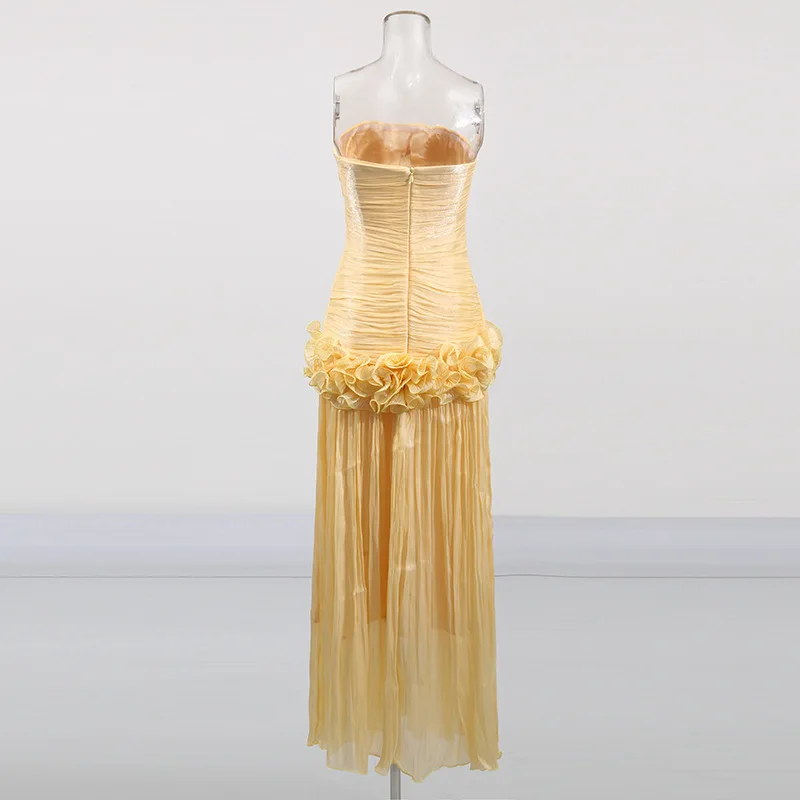 Sexy trägerlose Falten strukturierte Blumenmuster-Abendkleider 2025, Sommer, neues Promi-Club-Party-Burtstagskleid, elegante Kleider