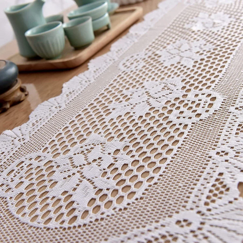 Rectangular Lace Table Runner White Cotton Table Dresser for Dining Coffee Tea End Tables Doilies Cover Home Wedding Party Decor