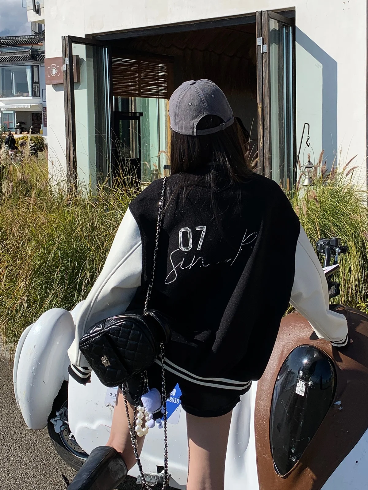 Women's Baseball Jaet Flight Sle Letter Splicing PU Leather Bubble Bead Autumn Winter New Coat Loose Fit Long Sve Butt...