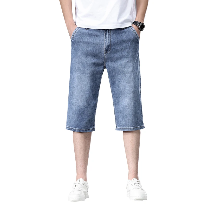 2025 뉴 여름 남성 얇은 스트레이트 데님 반바지 부드럽고 편안한 아이스 실크 느낌 루즈 팬츠 대형 라이트 블루 다크 블루
