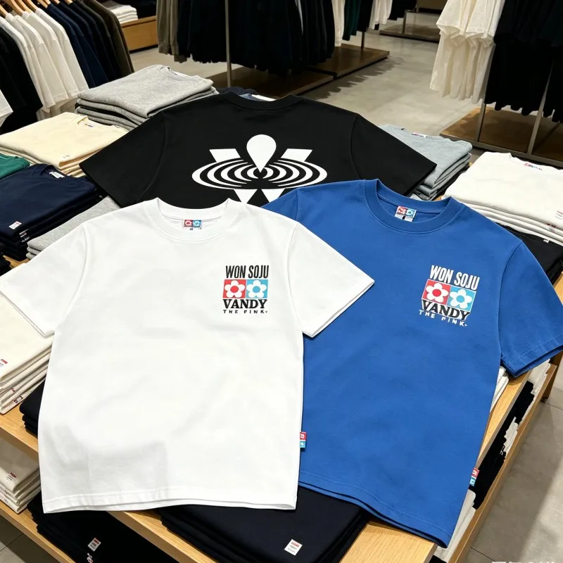 Summer Casual Street Outfit VANDYTHEPINK T-shirts Cotton Red Blue Logo Ripple Print Letter Round Neck Short Sleeve Men Women