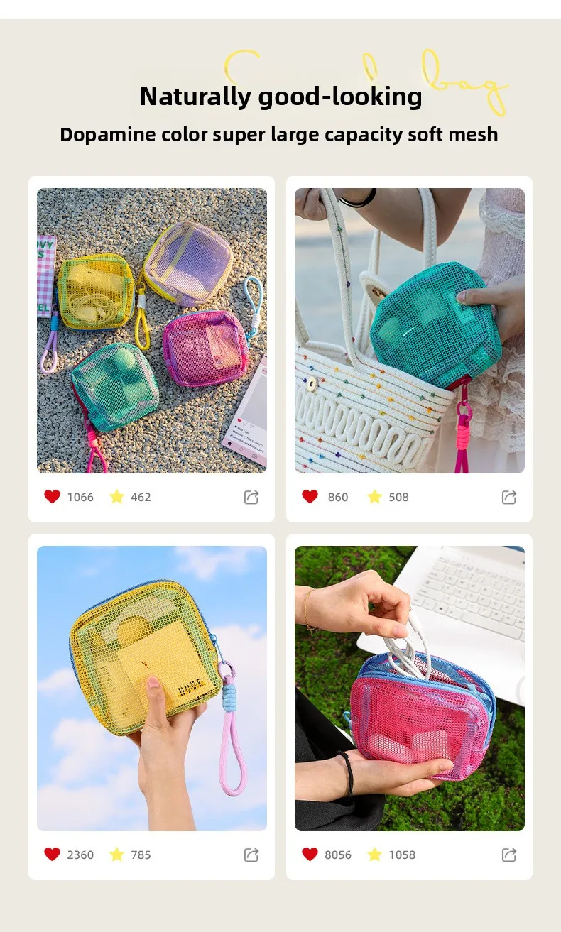 Netzbeutel in Dopamin-Farben, Tragbare Reise-Aufbewahrungstasche für Ladekabel und Toilettenartikel, Mini-Netz-Kosmetiktasche, Schlüsselbeutel, Kartenetui – Detail 3