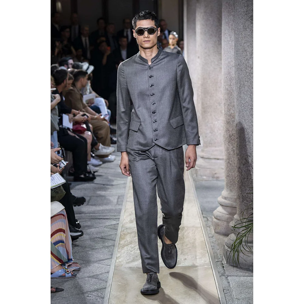 

Fashion Stand Collar Single Breasted Men Suits Gray Chic Formal Casual Business Outfits Catwalk Wedding Groom Tuxedo Slim Fit