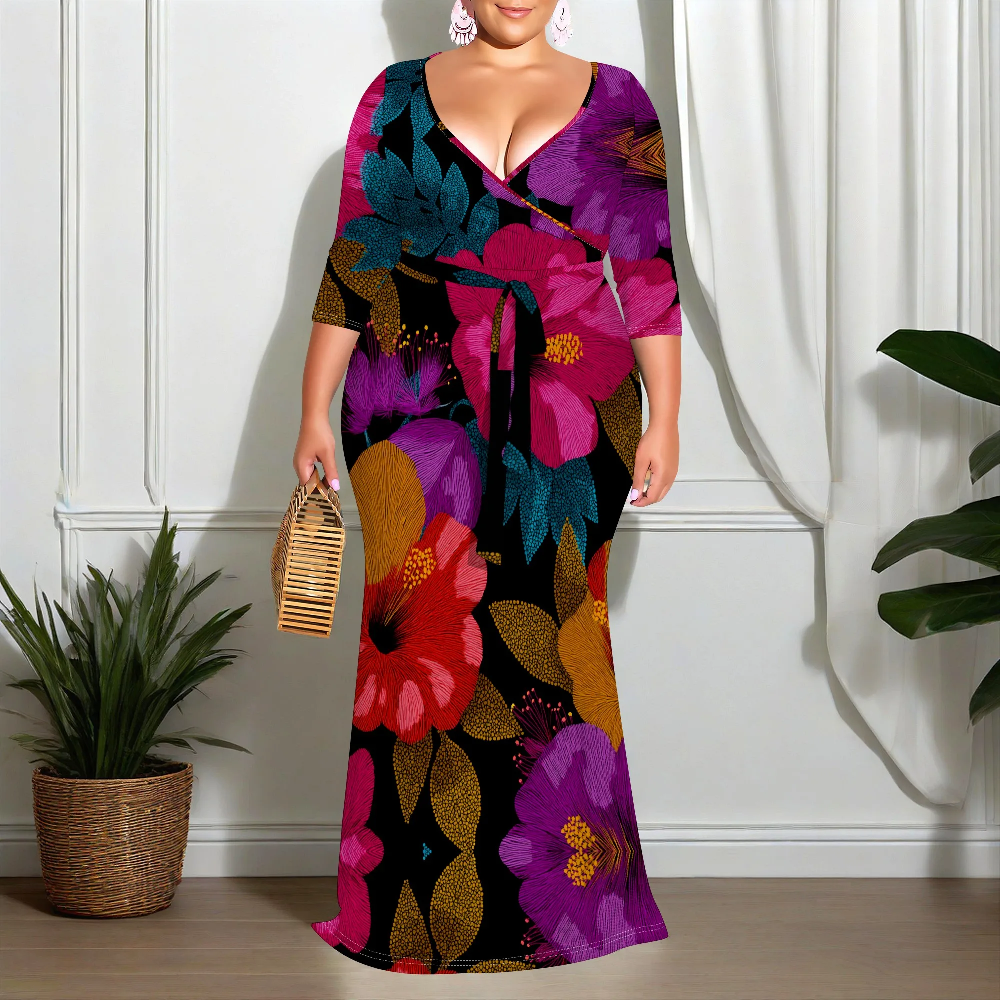

Plus Size Elegant Maxi Dress Women's V-Neck Wrap Evening Party Mermaid Dress with Belt XL-6XL