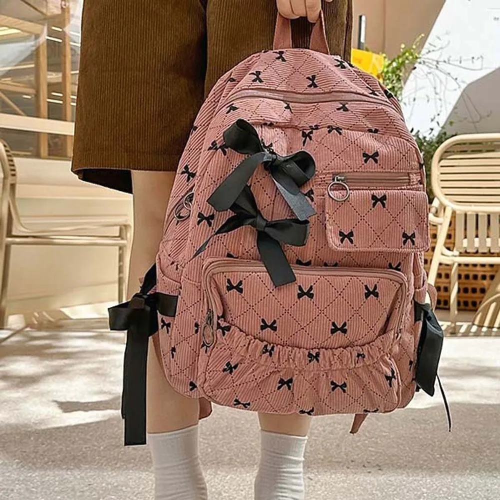 Daypack Corduroy Bow Backpack Silk Design Contrast Color Students School Bag Fixed Webbing Durable Large Capacity Backpack Daily