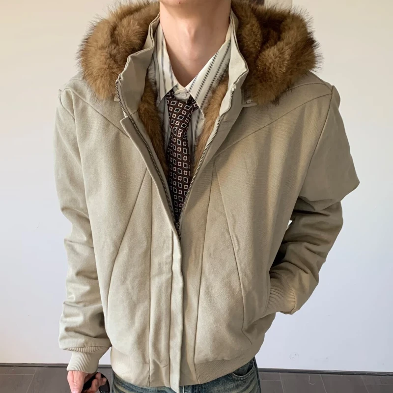 

Хлопковые куртки в американском уличном стиле с капюшоном из волокна, мужские зимние утолщенные повседневные свободные пальто с длинными рукавами и застежкой-молнией