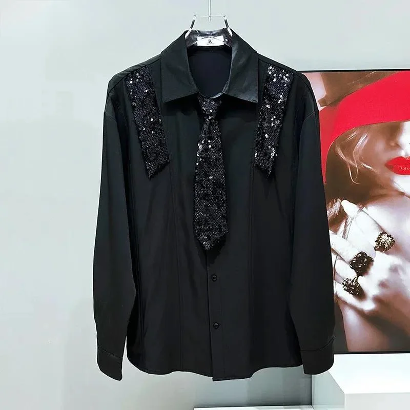 Design Sequin Tie Men's Shirt Long Sleeved Niche Versatile Patchwork Trendy 2025 Turn-down Collar Male Tops CS28