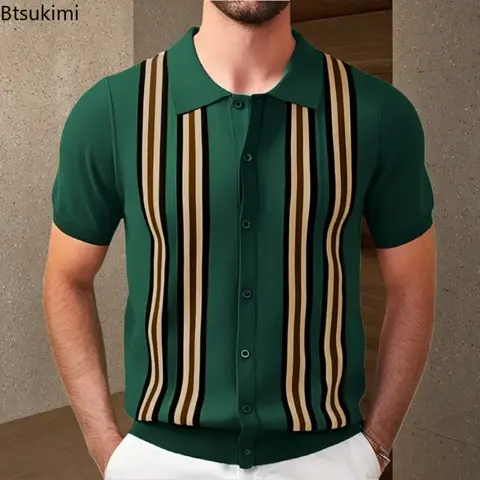 2025 봄 여름 남성 반팔 폴로 셔츠 니트 슬림 비즈니스 카디건 셔츠 streetwear 캐주얼 탑 camisa masculina