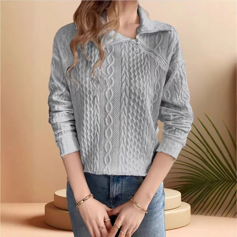 New Women Pullover Sweatshirt Casual Side Zipper Lapel Long Sleeve Women Clothing Sweatshirts