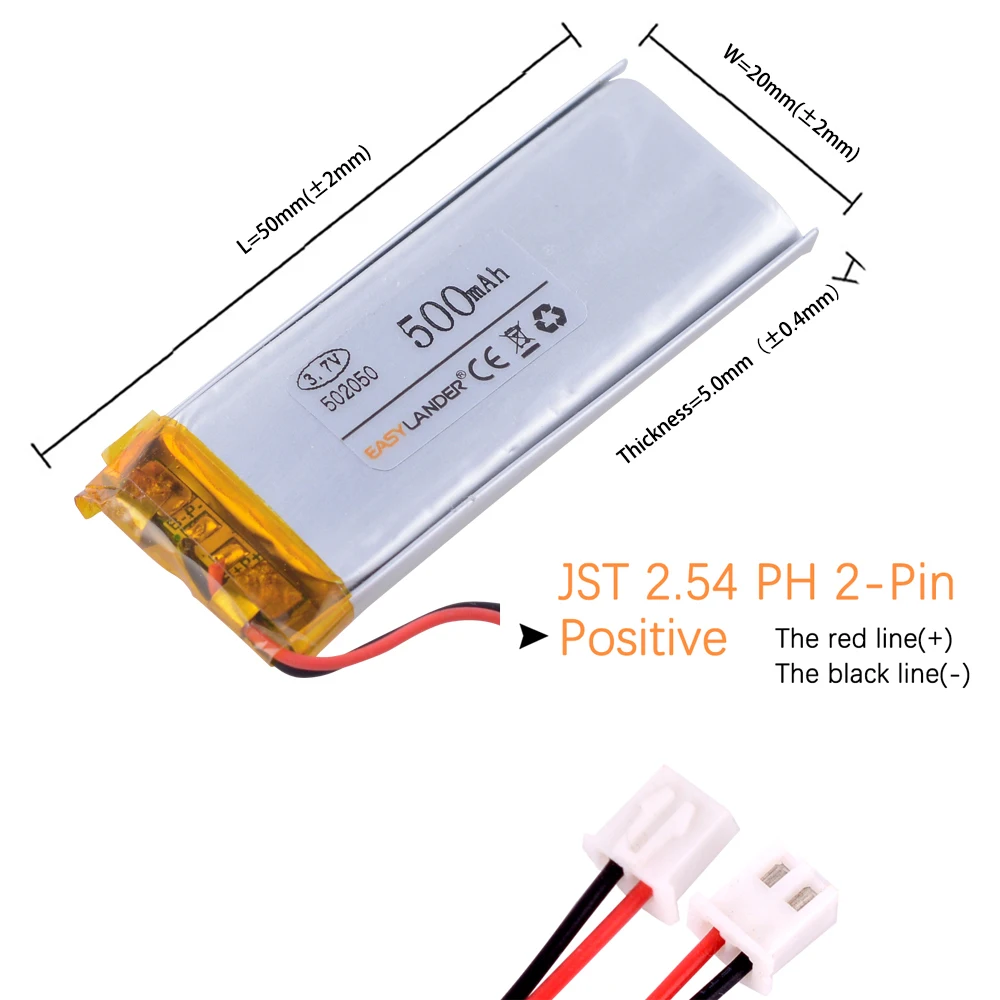 JST 1.01.25 1.5 2.0 2.54mm 2pin 3.7V 500mAh 502050  502248  Rechargeable Lithium Li-ion Polymer Battery for DVR GPS Mp3 Mp4