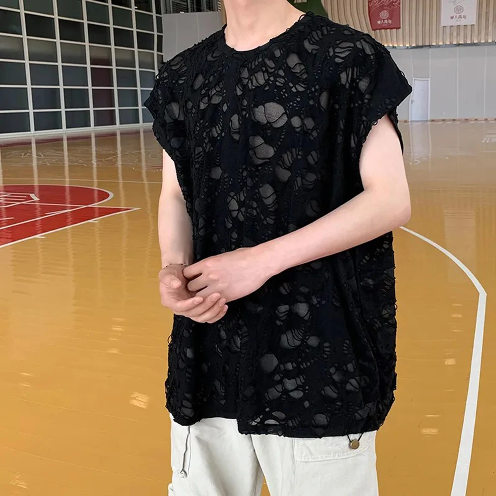 

Mens Summer T-Shirt Ripped See Through Hollow Out Tank Top Streetwear Fashion Y2k Outdoor Nightclub Tops Men'S Clothing 2026 New