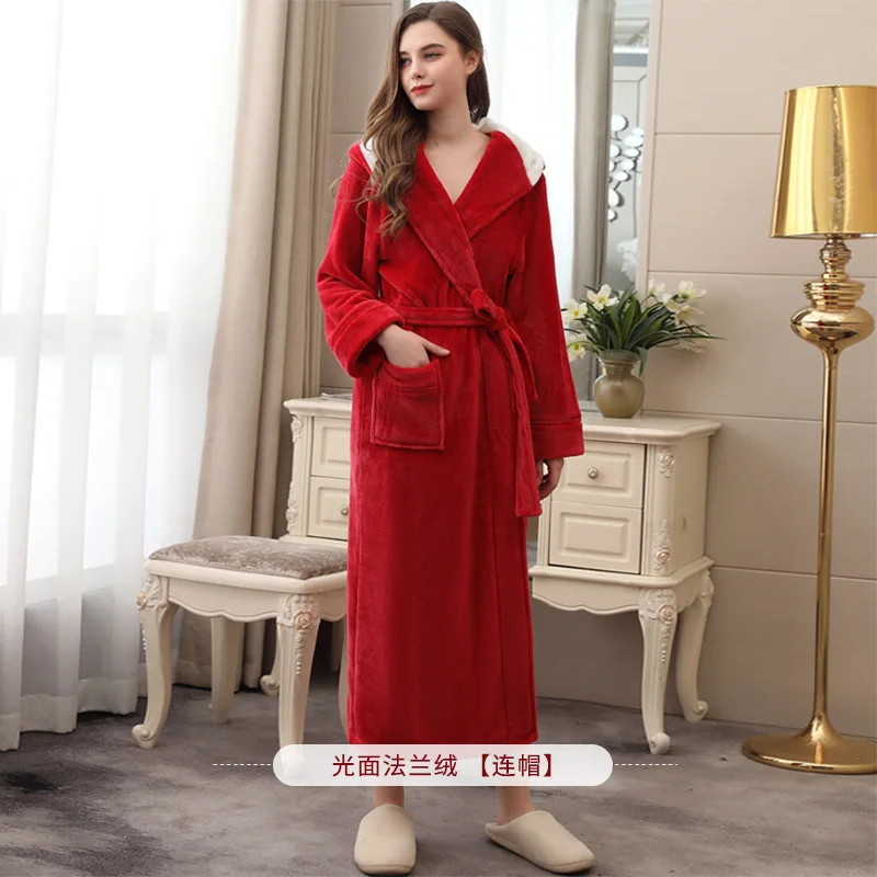 Women Winter Plus Size Flannel Robe Extra Long Hooded Warm Bathrobe Female Thick Kimono Bath Robe Dressing Gown Christmas Robes