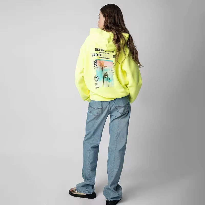 Zadig Female Hooded Sweatshirt Women Fluorescent Yellow Hoodies Grey Coconut Tree Small Winged Pullover Winter New Fleece Tops