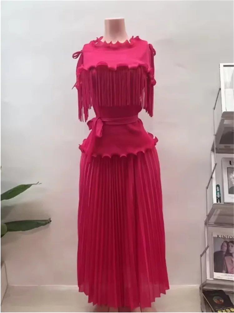 

Miyake Fungus Edge Pleated Long Suit Fringed Waist Top Spring and Summer New Light Luxury Women's Two-piece Set