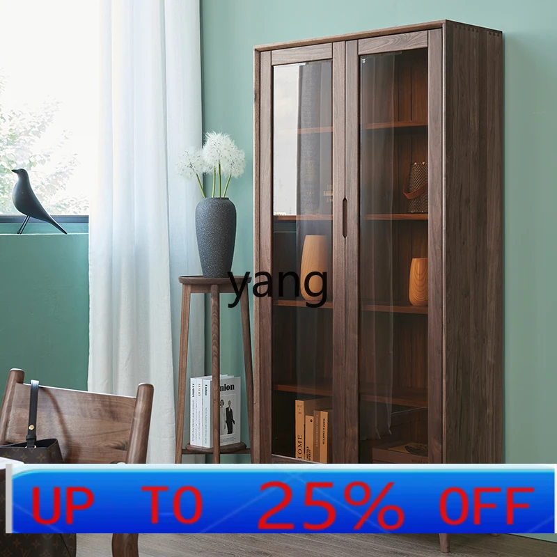 LH Solid Wood Bookcase with Door Floor Bookcase Sitting Room Cabinet against the Wall Black Walnut Wooden Liquor Cabinet