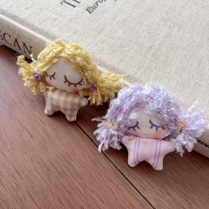 DIY Handmade Curly Girl Fabric Doll Brooch for Hat Scarf Bag Shoe Decoration Cute Stuffed Plush Pin Embellishment