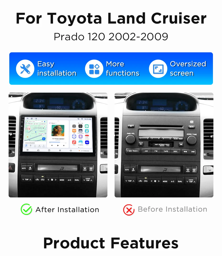 Junsun Wireless CarPlay Android Auto Autoradio für Toyota Land Cruiser Prado 120 2004-2009 Intelligente Systeme DSP SWC RDS GPS – Detail 3