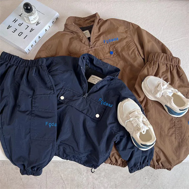 Setelan Olahraga Kasual Anak Musim Gugur 2025, Jaket + Celana 2pcs untuk Anak Laki-laki dan Perempuan, Setelan Celana Cargo Vintage untuk Anak