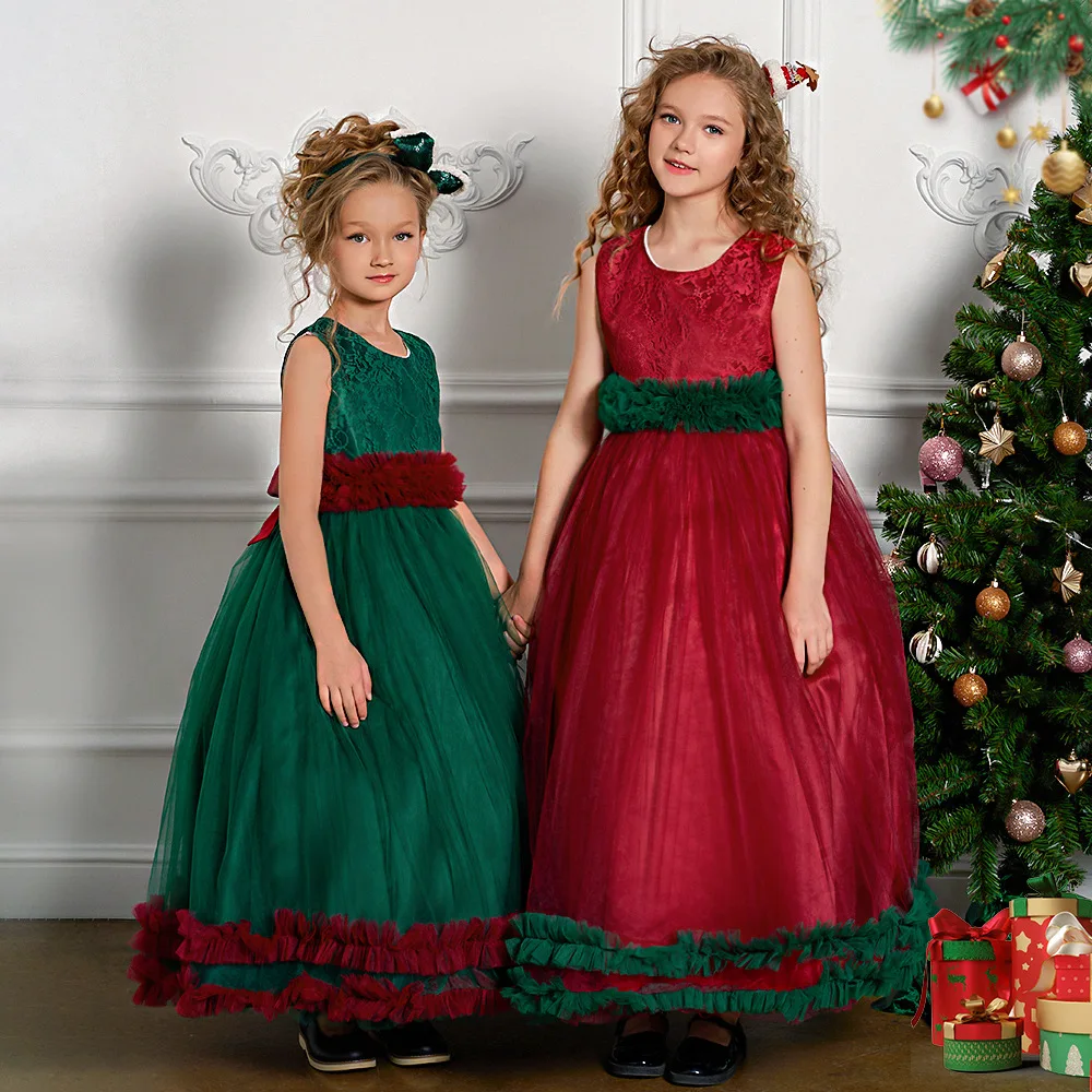 

Elegant Party Dress For Girls Green Puffy Tulle Kids Clothes Children Formal Wedding Evening Prom Bridesmaid Princess Clothing