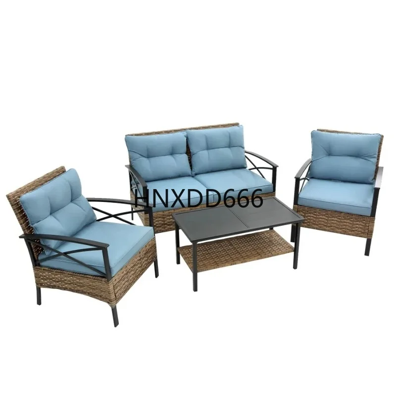 

4 Piece Low Dining Sectional Sofa Set - Rattan Wicker Outdoor Garden Furniture with Cushions for Conversation and Relaxation
