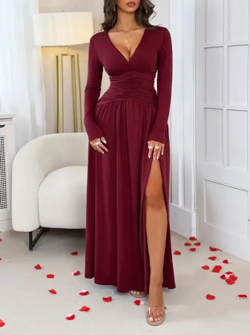 

Women's Dress Spring and Summer New Fashion Sexy Style Solid Color Deep V-Neck Pleated Slit Design A-Line Long Sleeved Dress
