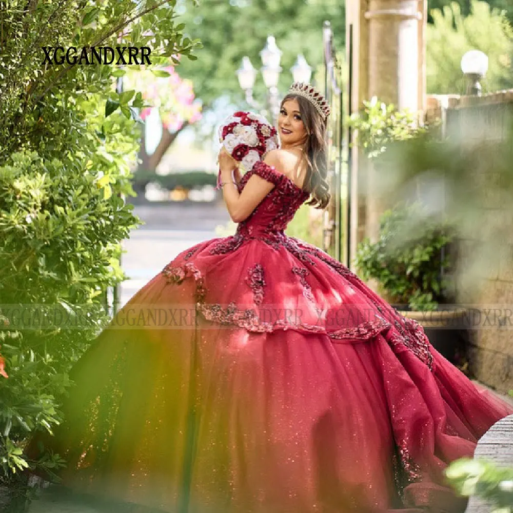 New Burgundy XV Quinceanera Dress Red Vestido De 15 Años Quinceañeras Sparkly Sweetheart Lace Applique Sweet 16 Dress Princess