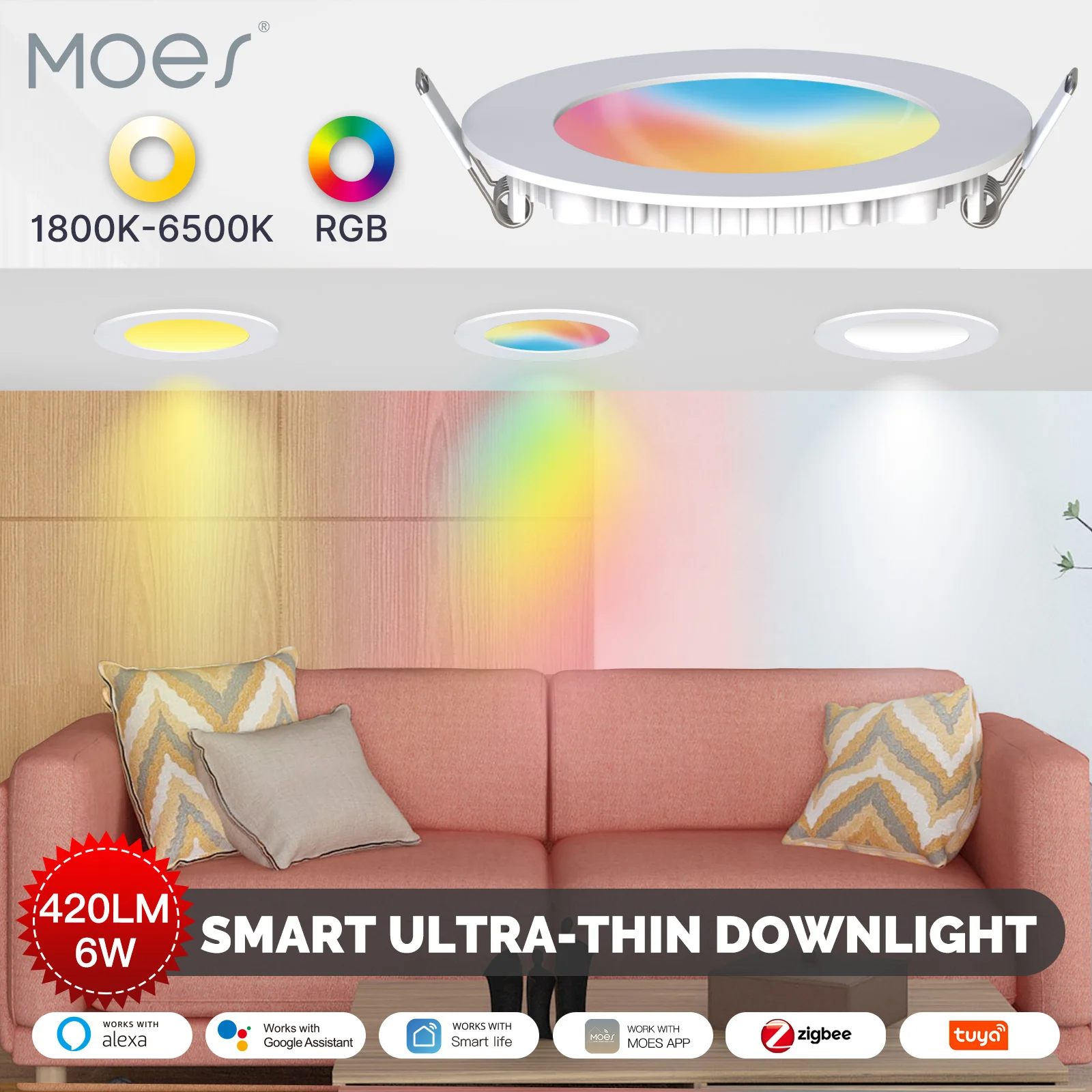 Moes Zigbee Smart Ultra‑Thin Downlight 6W RGB CCT 1800‑6500K Dimmable Recessed Ceiling Light Tuya App Voice Control