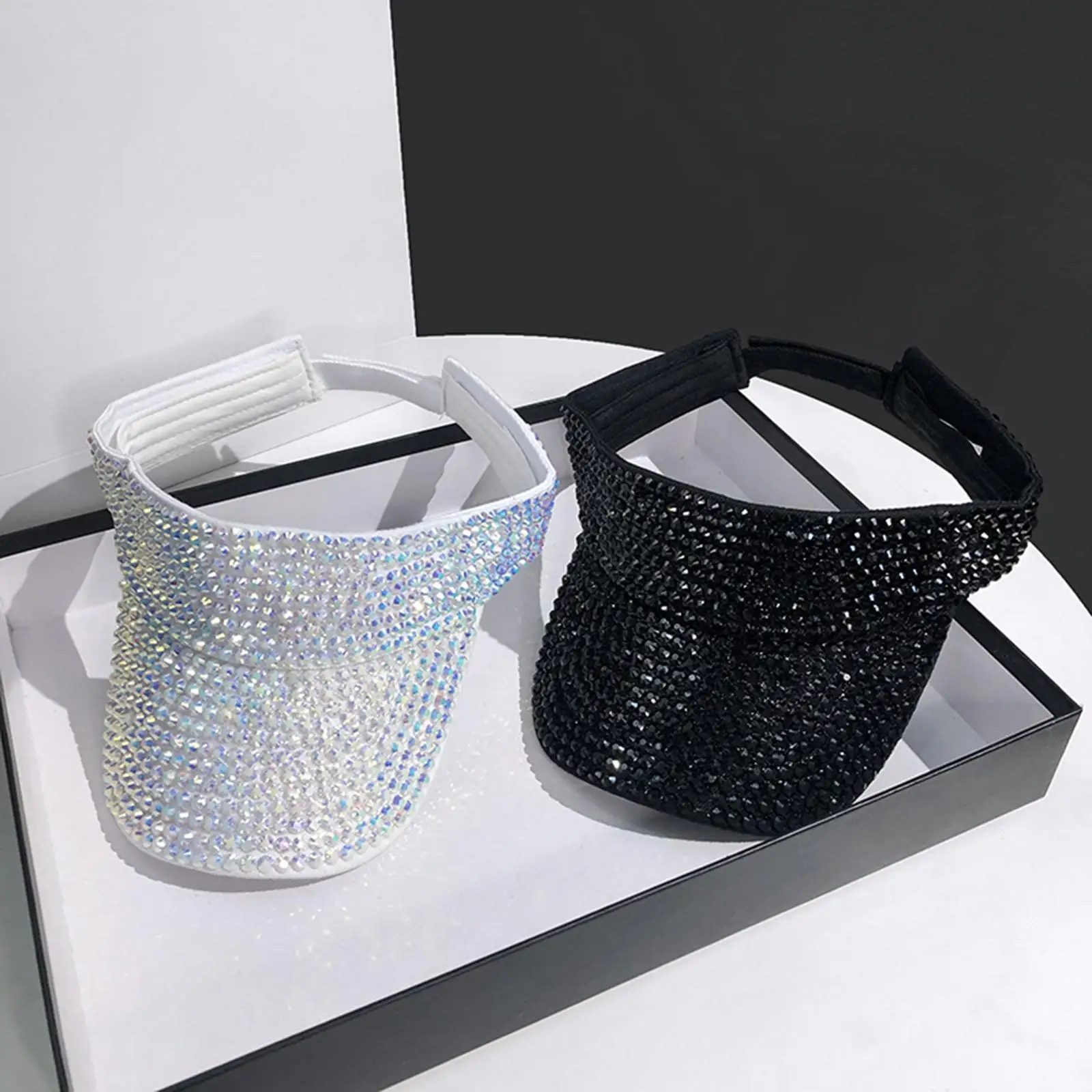 Bling Rhinestone Visor Sun Hat Adjustable Glitter Wide Brim Tennis Golf