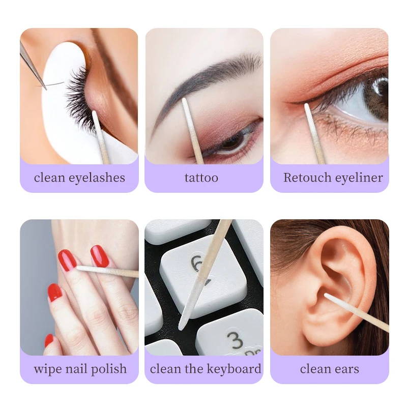 100pcs Wood Cotton Swab Eyelash Extension Tools Medical Ear Care Cleaning Wood Sticks Cosmetic Cotton Swab Cotton Buds Tip