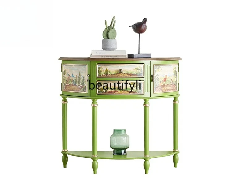 

American Semicircle Entrance Cabinet Solid Wood Doorway Console Tables Painted Living Room Integrated Wall Small Apartment
