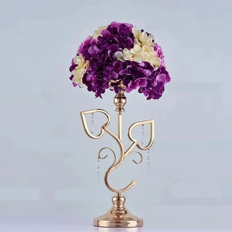 Golden Double Heart Flower Stand, Wedding Table Candlestick, Centerpiece Event, Road Lead Pillar, 10Pcs