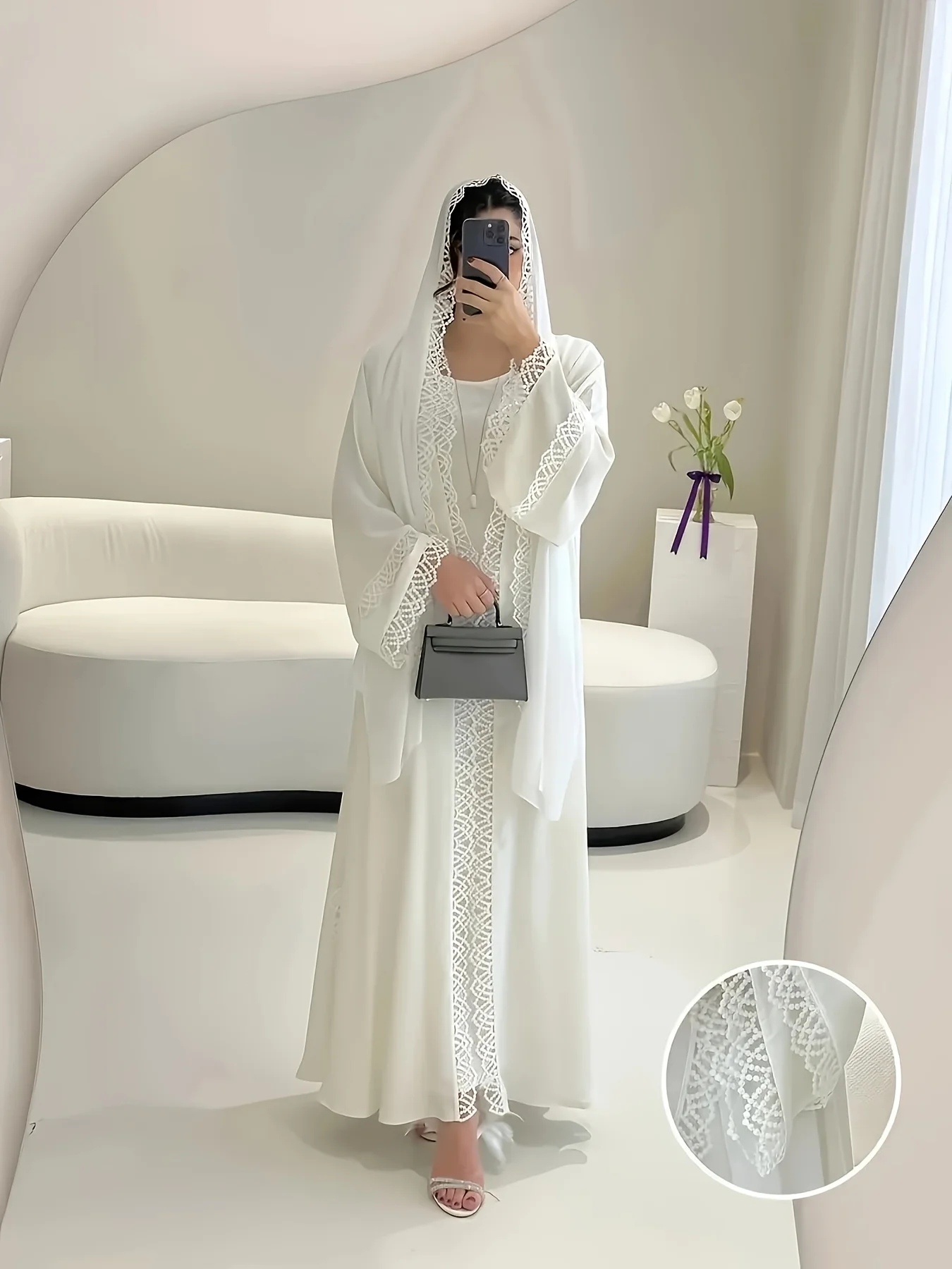 

Ближневосточный этнический стиль Элегантный однотонный халат с открытой передней частью Новый мусульманский свободный удобный дышащий пляжный отдых Белый кардиган Дубай Саудовская традиционная одежда изысканный кружевной кардиган праздничное платье с плат