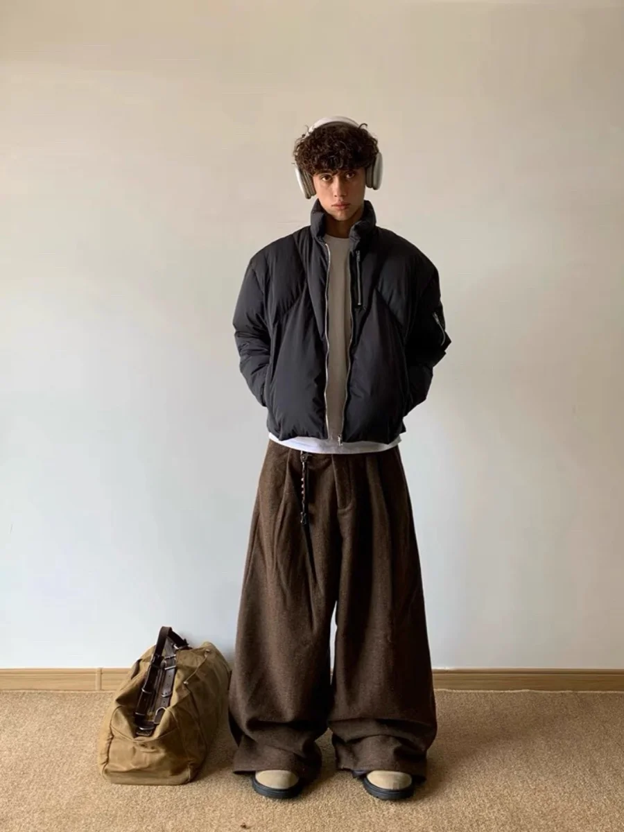 

Американская зимняя свободная хлопковая куртка для мужчин с несколькими молниями, черная, с воротником-стойкой, повседневный универсальный дизайн, хит продаж