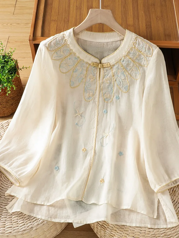 

Elegant Embroidered Cotton Linen Shirt Women's Summer Thin Stand Collar Button up Top Pattern Traditional Chinese S...