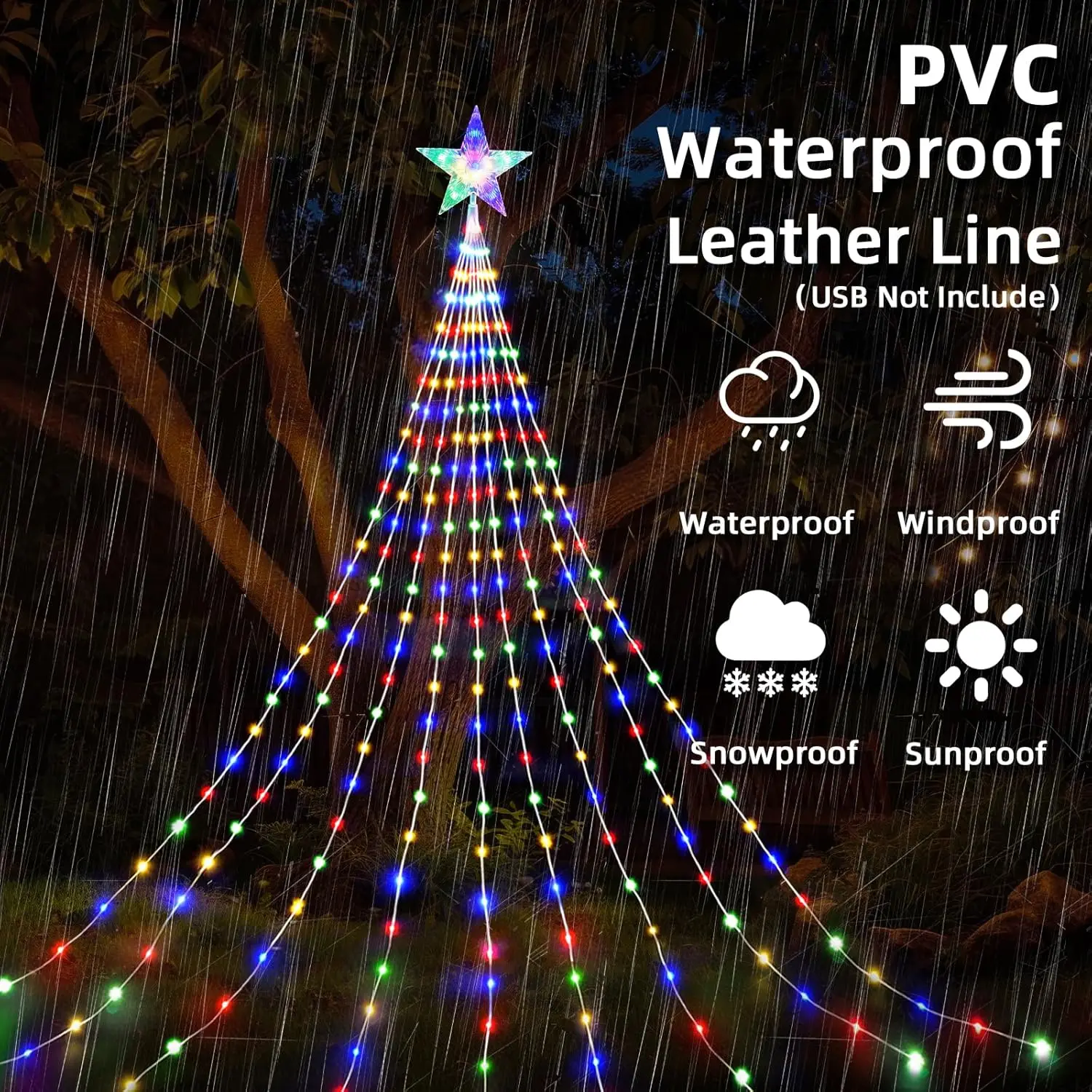 شجرة عيد الميلاد أضواء الشلال 198 المصابيح 2 متر USB سلسلة ضوء مع توبر ستار أضواء الجنية مقاوم للماء 8 طرق لديكور الزفاف #2